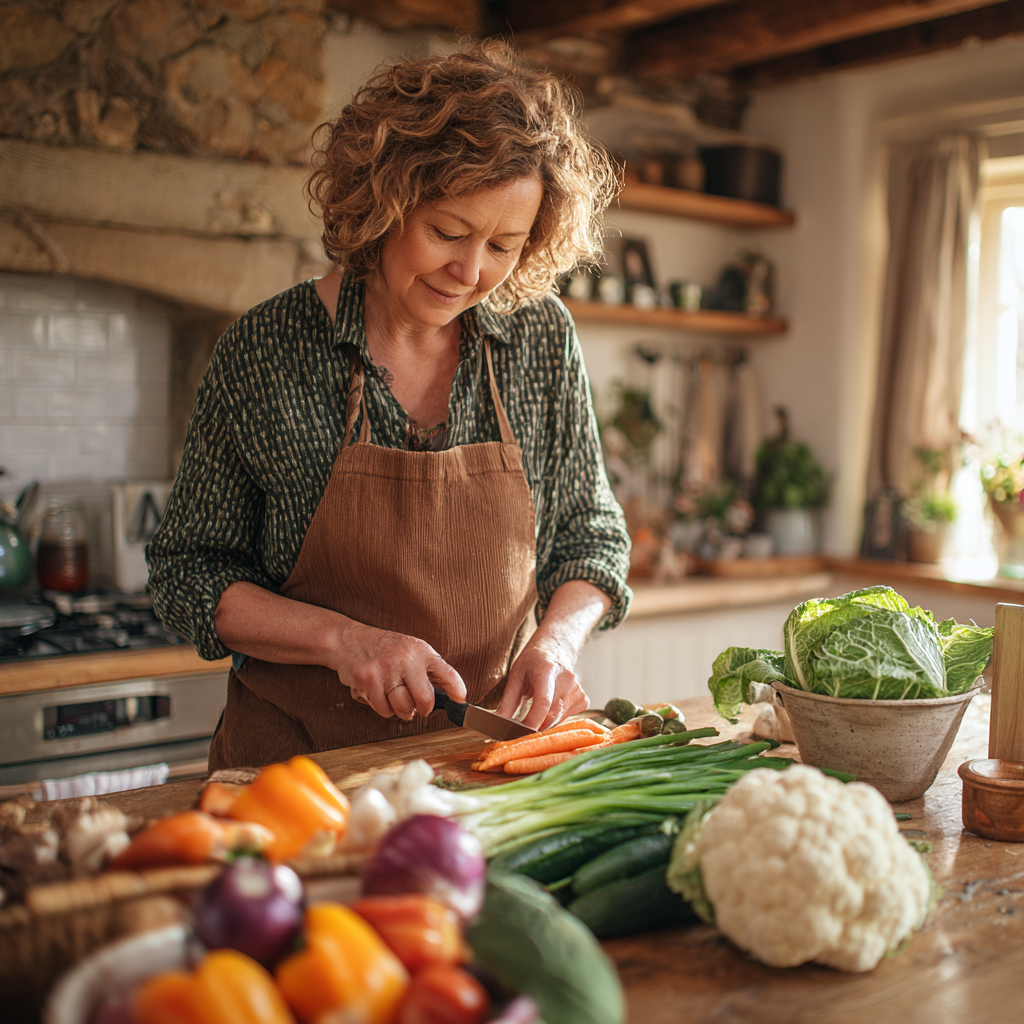 50 years old woman preparing fresh vegetables in bright kitchen with natural lighting