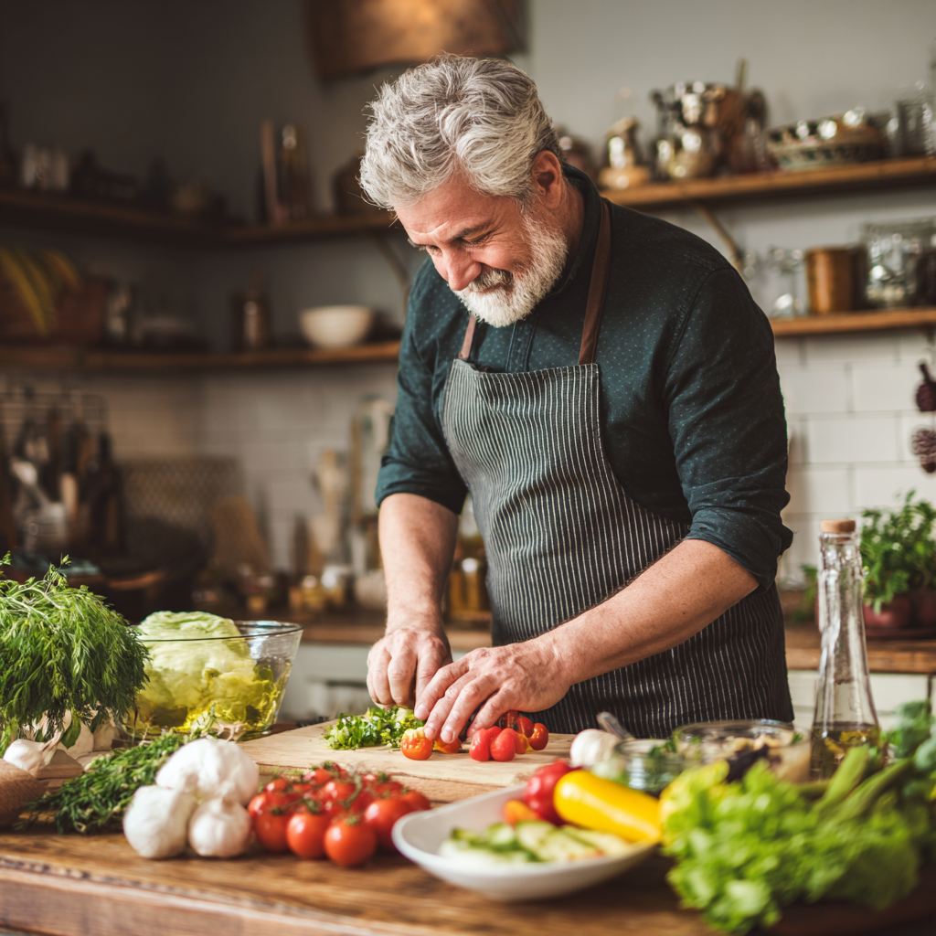 51 years old man preparing balanced meal with fresh ingredients in home kitchen