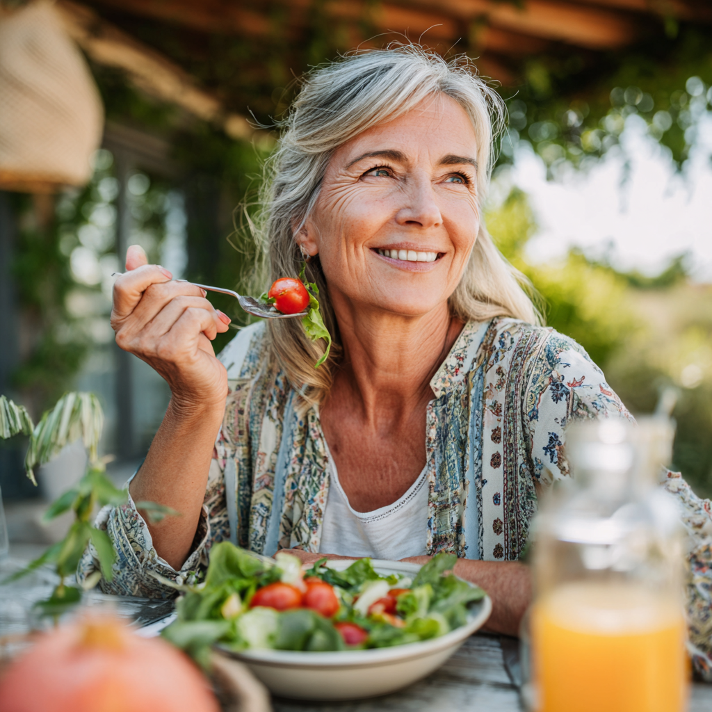 52 years old woman enjoying healthy salad outdoors with satisfied expression